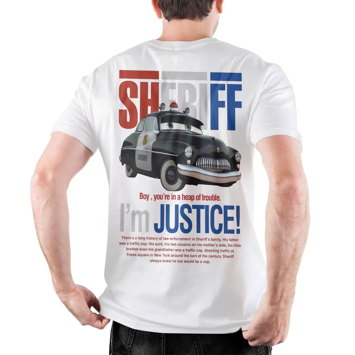 T-Shirt Cars Sheriff - "I'm Justice" Blanc