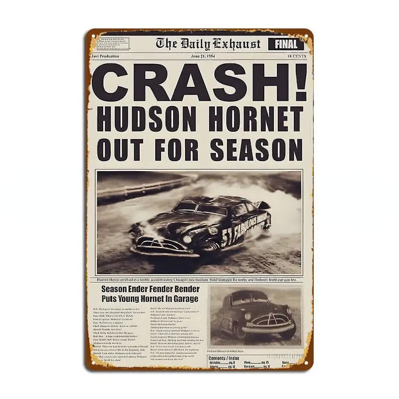Plaque Décorative Cars en Métal - Article Journal Crash Hudson Hornet